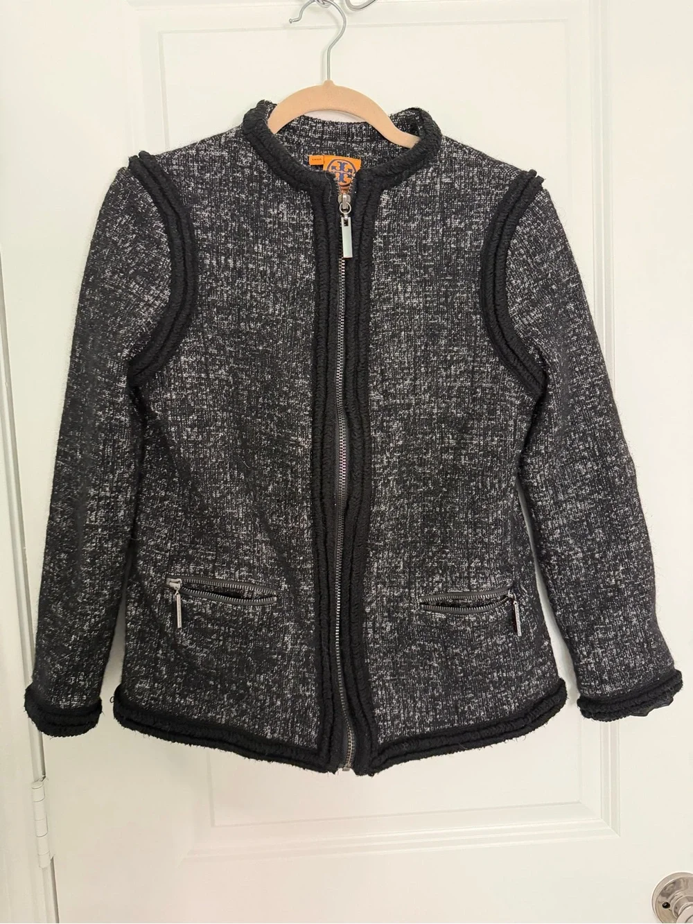 Tory Burch Black and Gray Textured Knit Zip Jacket